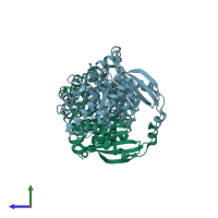 PDB entry 3fk4 coloured by chain, side view.