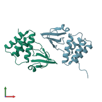 PDB entry 3fke coloured by chain, front view.