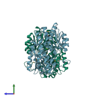 PDB entry 3fkj coloured by chain, side view.