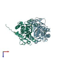 PDB entry 3fkj coloured by chain, top view.