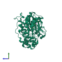 PDB entry 3fkl coloured by chain, side view.