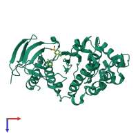 PDB entry 3fkn coloured by chain, top view.