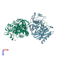 PDB entry 3fkv coloured by chain, top view.