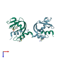 PDB entry 3fl0 coloured by chain, top view.