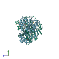 PDB entry 3fla coloured by chain, side view.