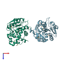 PDB entry 3fla coloured by chain, top view.
