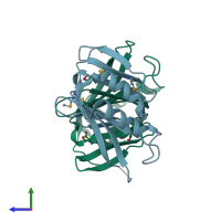 PDB entry 3fm2 coloured by chain, side view.