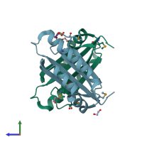 PDB entry 3fmb coloured by chain, side view.