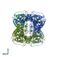 PDB entry 3fmc coloured by chain, side view.
