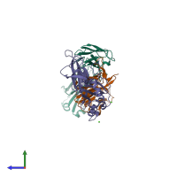 PDB entry 3fmg coloured by chain, side view.