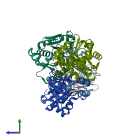 PDB entry 3fmi coloured by chain, side view.