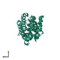 PDB entry 3fms coloured by chain, side view.