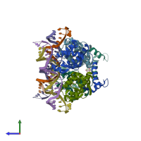 PDB entry 3fmt coloured by chain, side view.