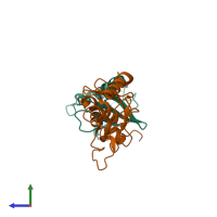 PDB entry 3fn1 coloured by chain, side view.