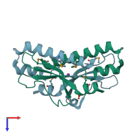 PDB entry 3fn2 coloured by chain, top view.