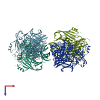 PDB entry 3fn9 coloured by chain, top view.