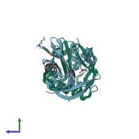 PDB entry 3fnc coloured by chain, side view.