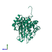 PDB entry 3fnd coloured by chain, side view.