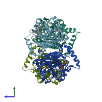PDB entry 3fne coloured by chain, side view.