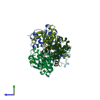 PDB entry 3fnj coloured by chain, side view.