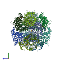 PDB entry 3fok coloured by chain, side view.