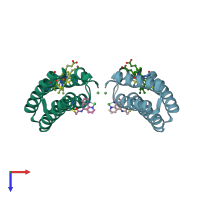PDB entry 3fop coloured by chain, top view.