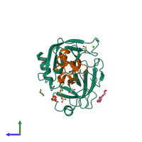 PDB entry 3fp6 coloured by chain, side view.