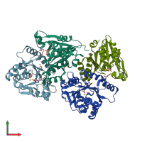 PDB entry 3fpa coloured by chain, front view.