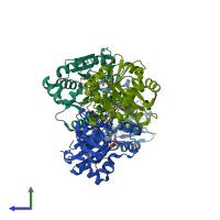 PDB entry 3fpa coloured by chain, side view.