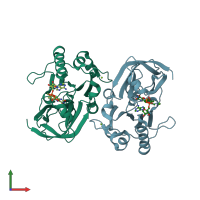 PDB entry 3fpk coloured by chain, front view.