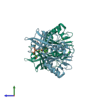 PDB entry 3fpk coloured by chain, side view.