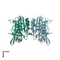 PDB entry 3fpk coloured by chain, top view.