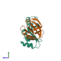 PDB entry 3fpn coloured by chain, side view.