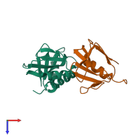 PDB entry 3fpn coloured by chain, top view.