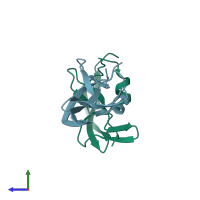 PDB entry 3fpr coloured by chain, side view.
