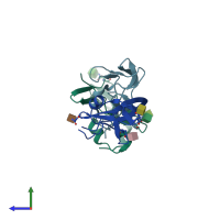 PDB entry 3fpt coloured by chain, side view.