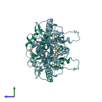 PDB entry 3fpz coloured by chain, side view.