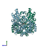 PDB entry 3fq7 coloured by chain, side view.