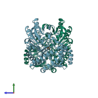 PDB entry 3fq8 coloured by chain, side view.