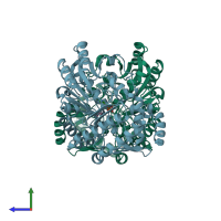 PDB entry 3fqa coloured by chain, side view.