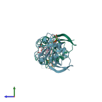PDB entry 3fqc coloured by chain, side view.