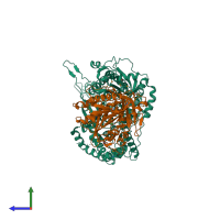 PDB entry 3fqd coloured by chain, side view.