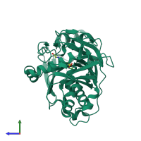 PDB entry 3fqi coloured by chain, side view.
