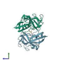 PDB entry 3fqm coloured by chain, side view.