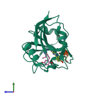 PDB entry 3fqo coloured by chain, side view.