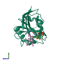PDB entry 3fqv coloured by chain, side view.