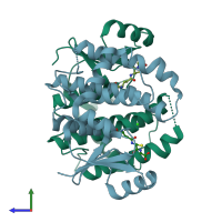 PDB entry 3fr9 coloured by chain, side view.