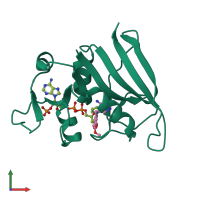 PDB entry 3fre coloured by chain, front view.