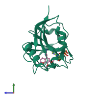 PDB entry 3frf coloured by chain, side view.