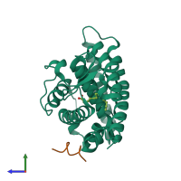 PDB entry 3fs1 coloured by chain, side view.